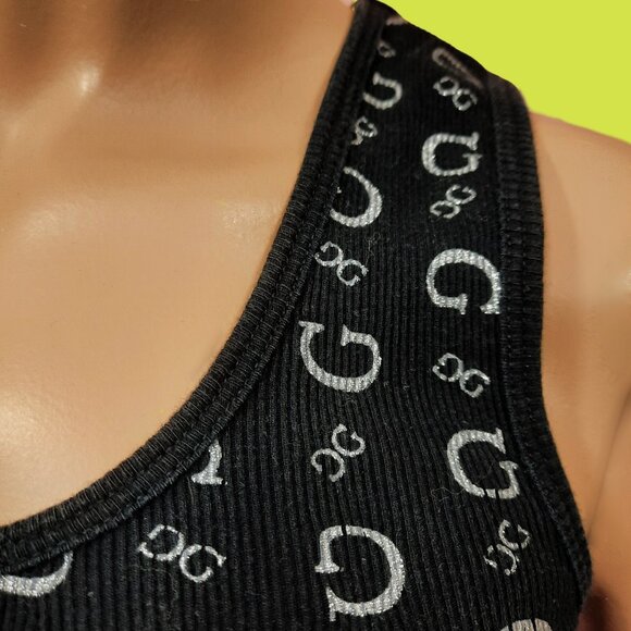 Y2K Guess Jeans black Ribbed Tank Top size S Silver Glitter Logo Monogram Print - Picture 3 of 6